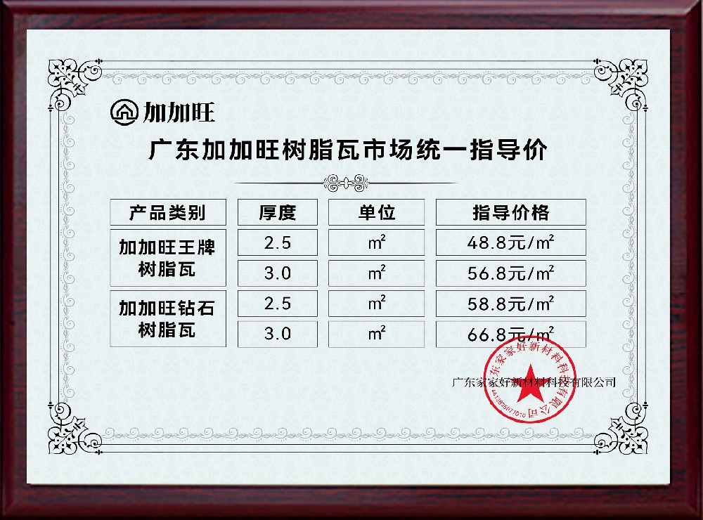 广东加加旺树脂瓦市场统一指导价